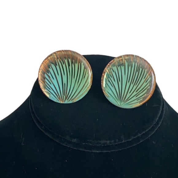 Enamel Peacock Feathers Green and Gold Clip-on Earrings - Picture 1 of 5